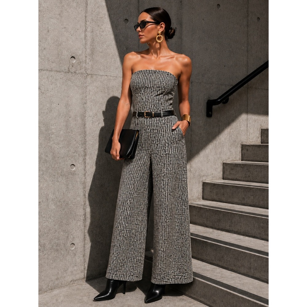 Maeve Anthropologie Houndstooth Strapless Wide Leg Jumpsuit Black White Size 8